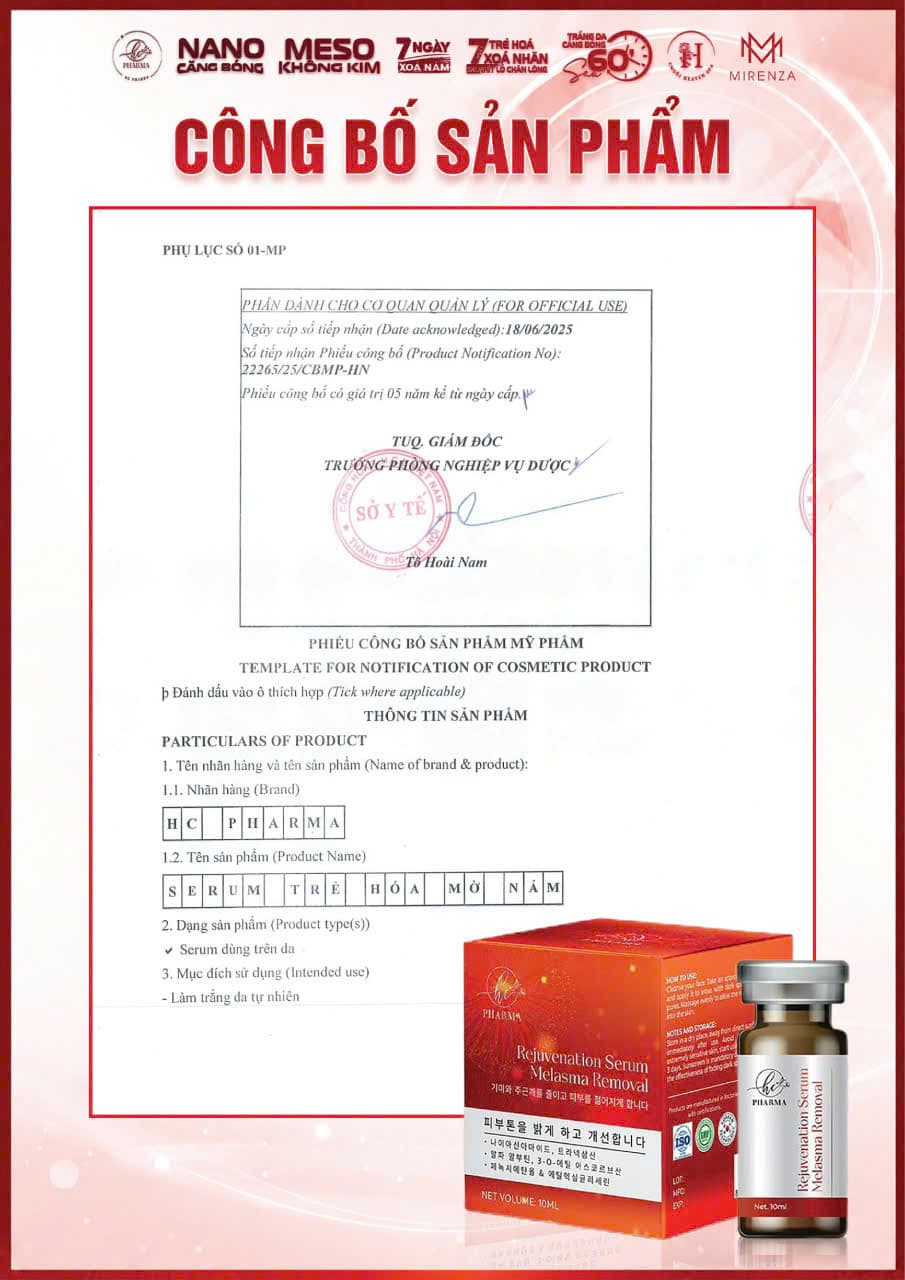 Phiếu công bố Serum Trẻ hoá – Mờ nám