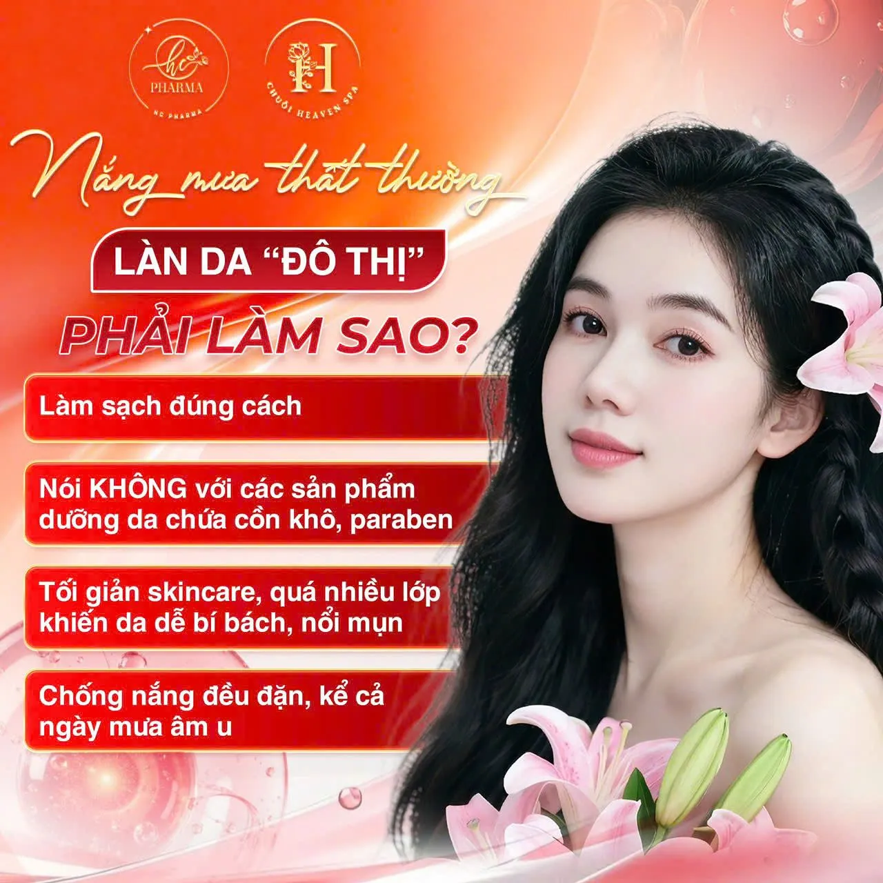 Poster hướng dẫn chăm sóc da khi nắng mưa thất thường của HC Pharma