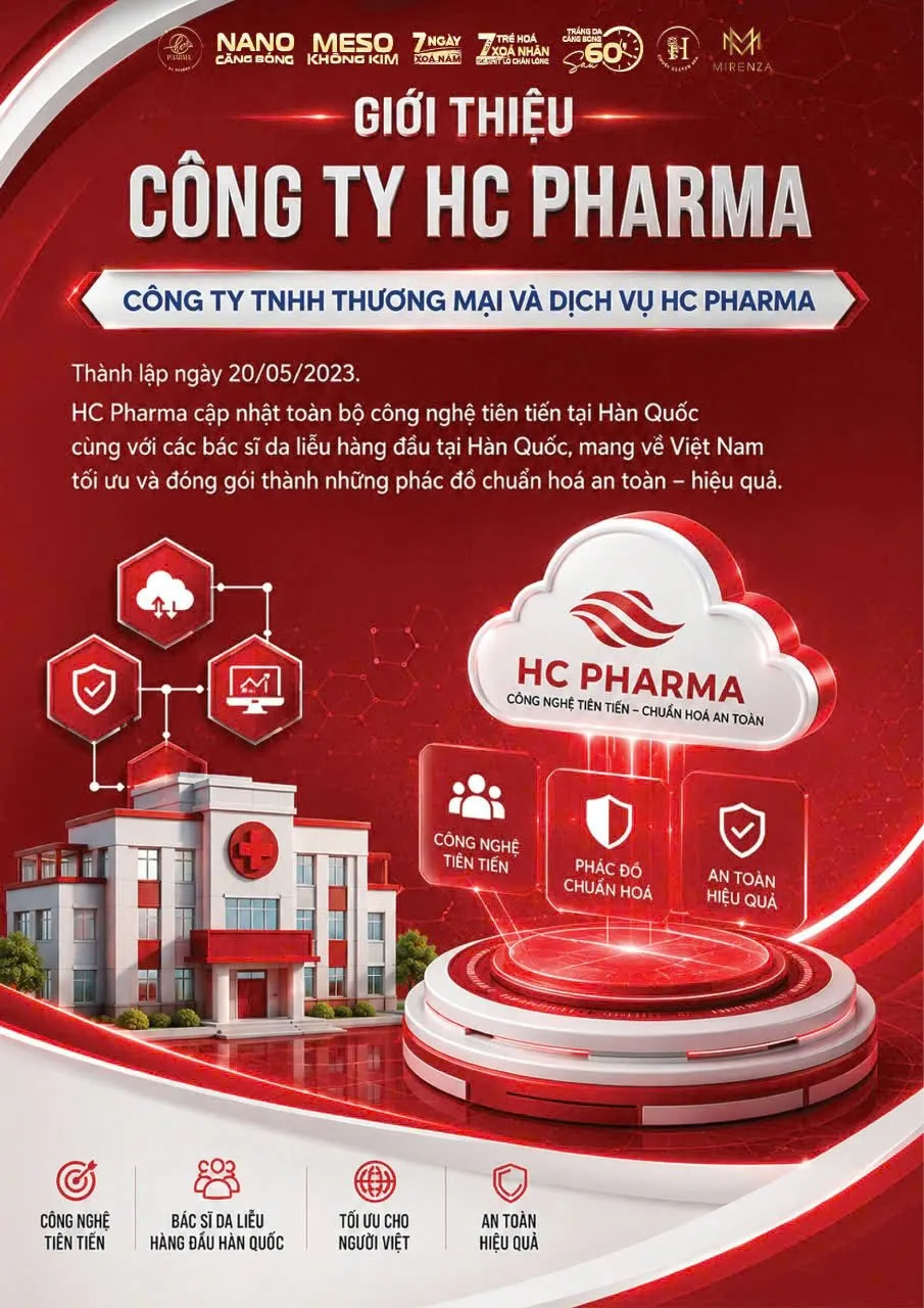 Infographic giới thiệu công ty TNHH Thương mại và Dịch vụ HC Pharma, thành lập ngày 20/05/2023, công nghệ tiên tiến, phác đồ chuẩn hóa, an toàn hiệu quả
